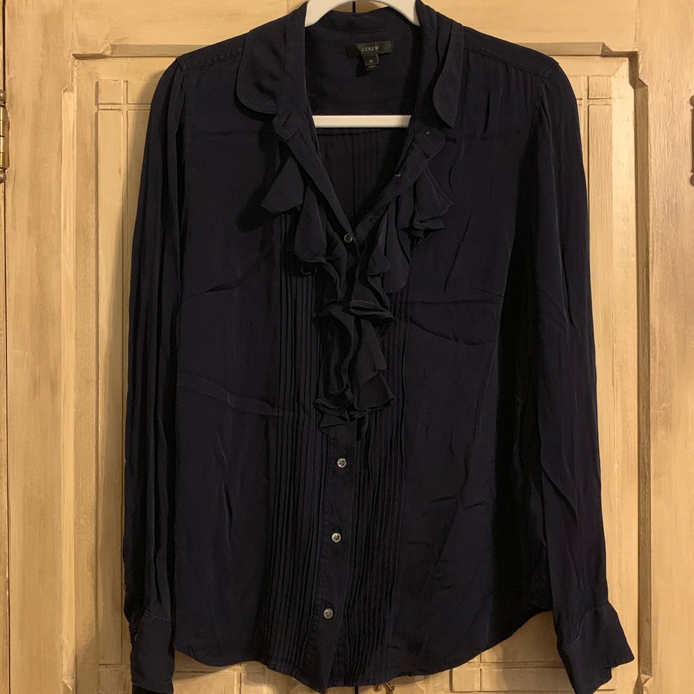 J Crew Navy Pleated Long Sleeve Blouse